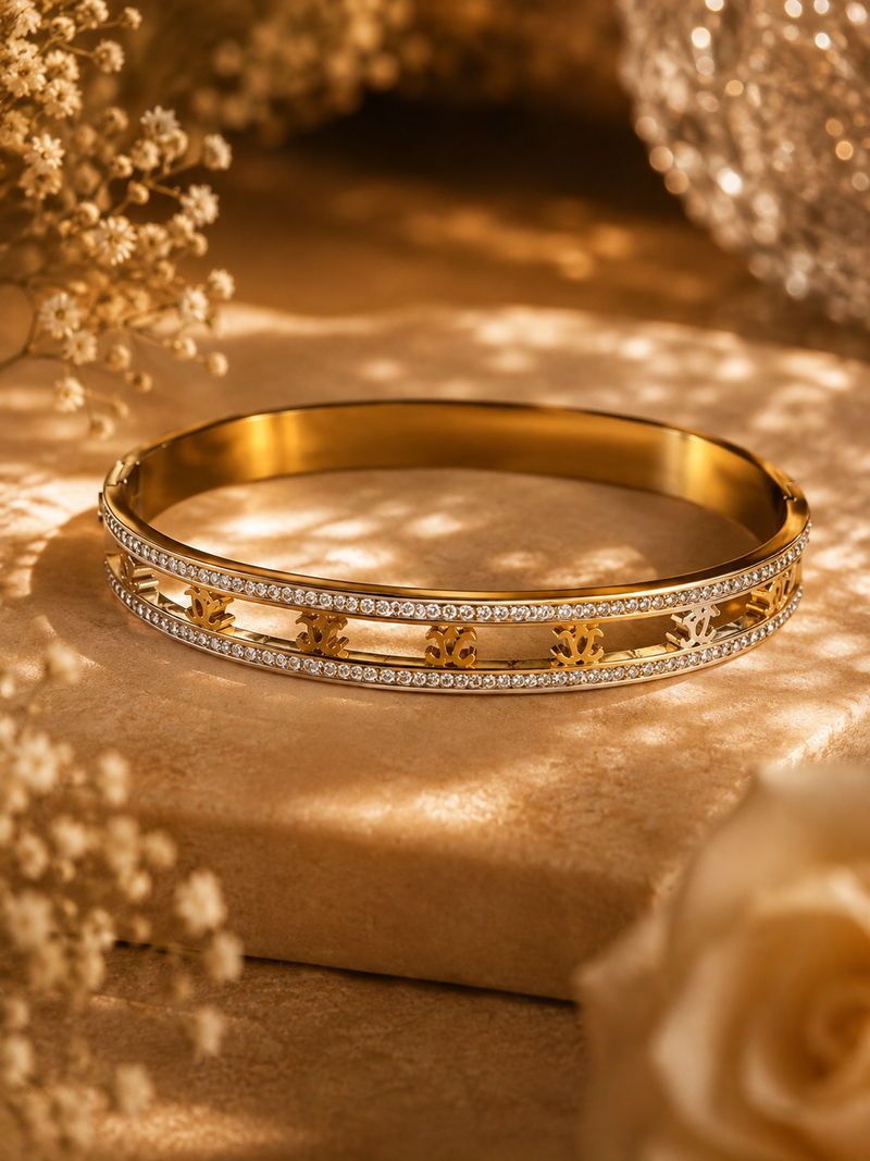 Timeless Elegance Bangle Bracelet – Gold Stainless Steel with Crystal Trim