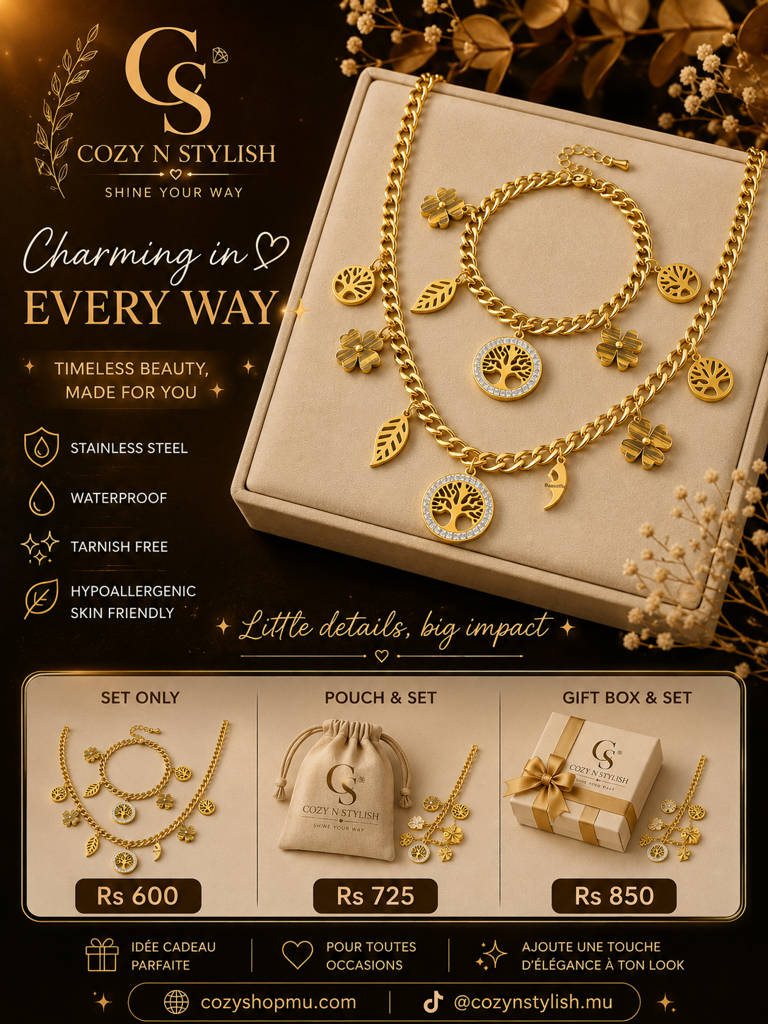Charming Set – Tree of Life Charm Necklace & Bracelet in Gold Stainless Steel