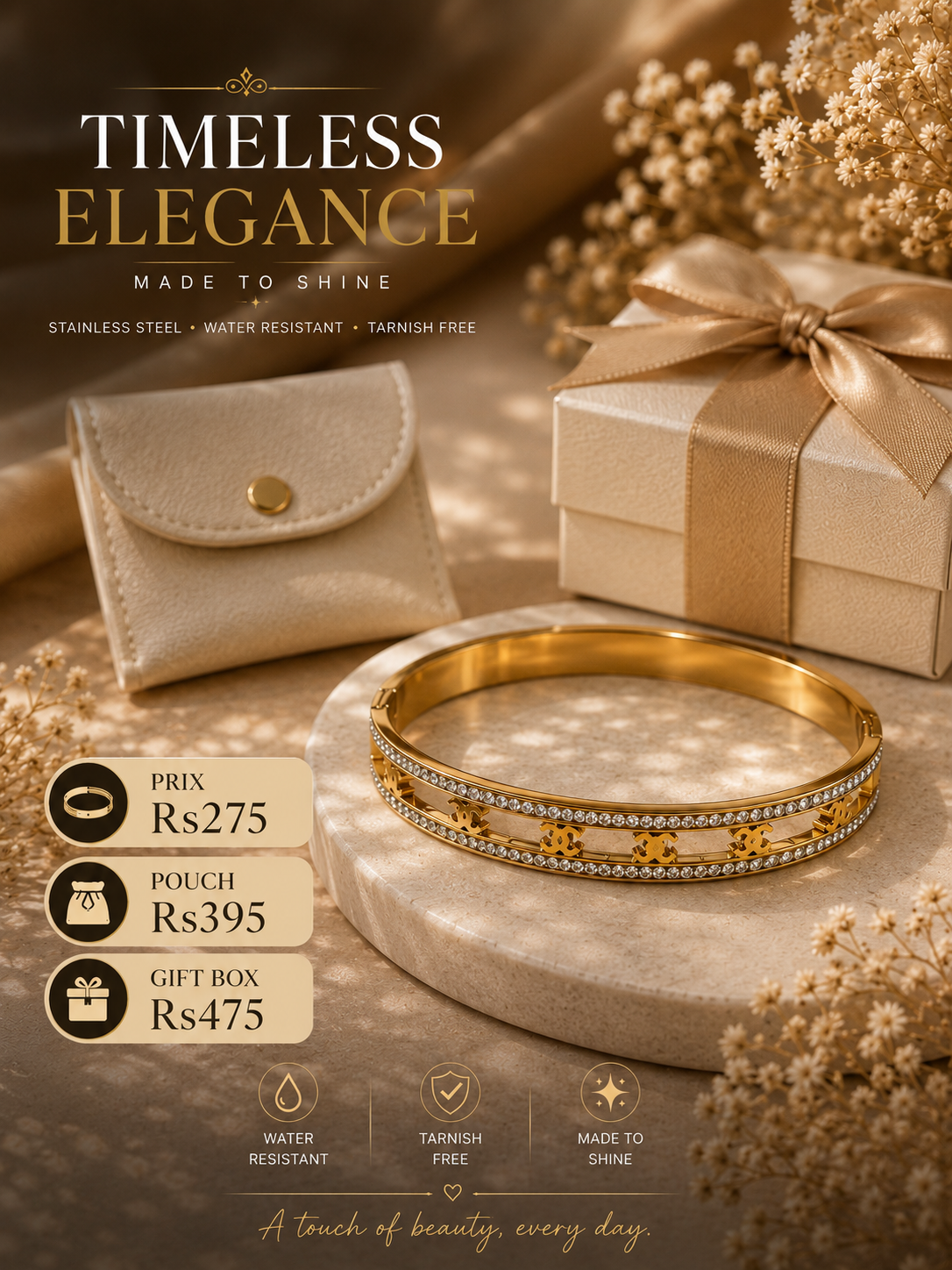 Timeless Elegance Bangle Bracelet – Gold Stainless Steel with Crystal Trim