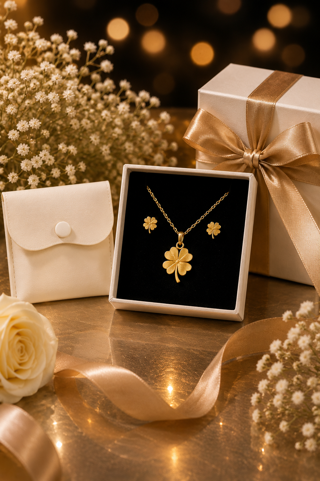 Lucky Clover Set – Gold Stainless Steel Necklace & Earrings