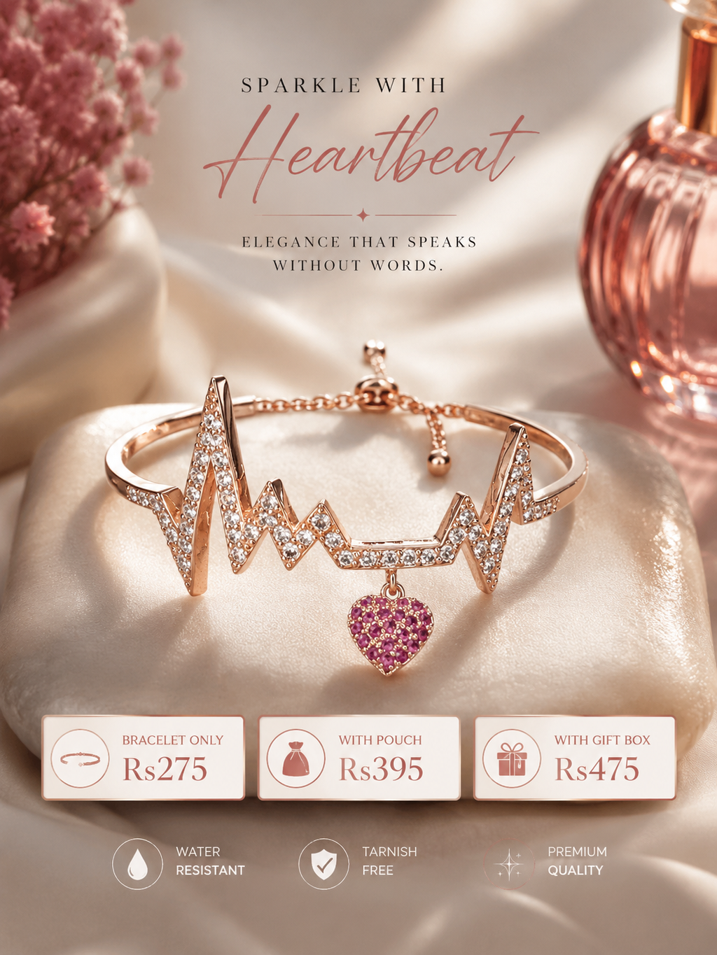 Heartbeat Bracelet – Rose Gold Crystal Heartbeat Bracelet with Heart Charm