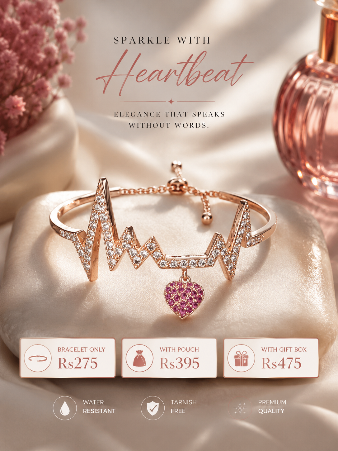 Heartbeat Bracelet – Rose Gold Crystal Heartbeat Bracelet with Heart Charm