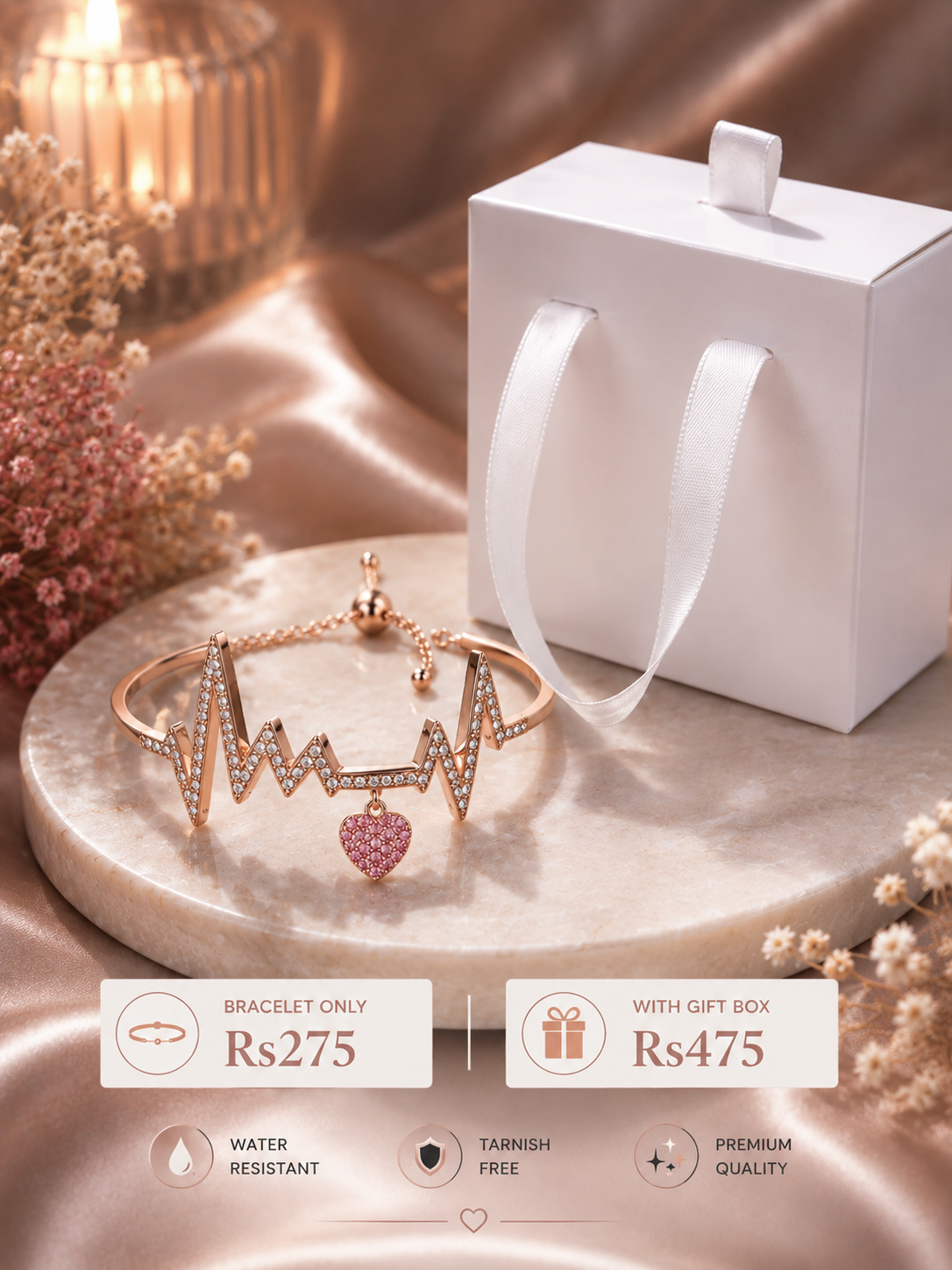 Heartbeat Bracelet – Rose Gold Crystal Heartbeat Bracelet with Heart Charm