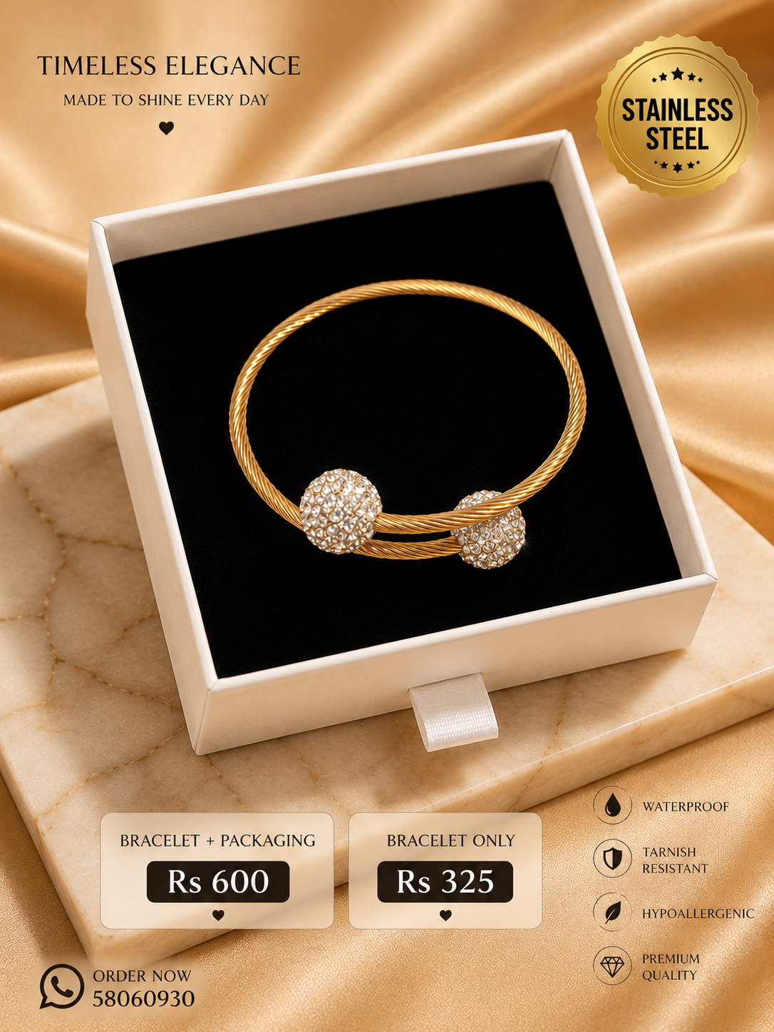 Timeless Elegance Cable Bangle – Gold Stainless Steel with Crystal Balls