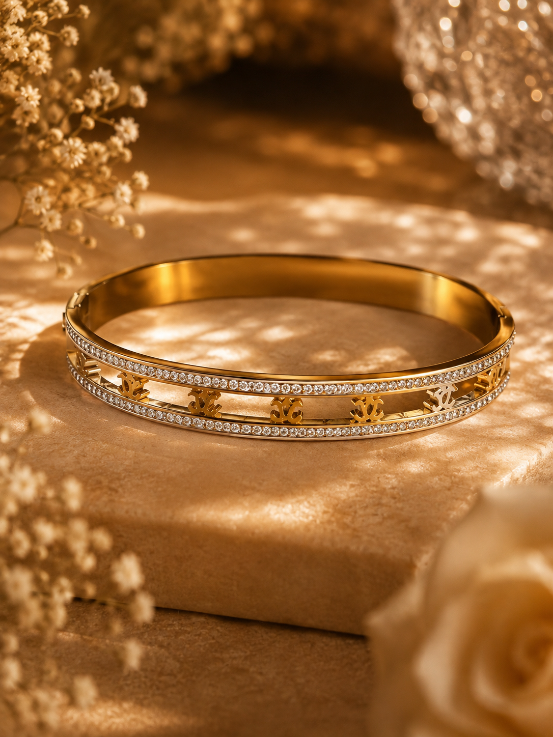 Timeless Elegance Bangle Bracelet – Gold Stainless Steel with Crystal Trim