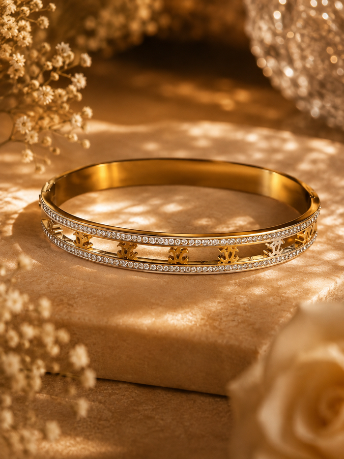 Timeless Elegance Bangle Bracelet – Gold Stainless Steel with Crystal Trim