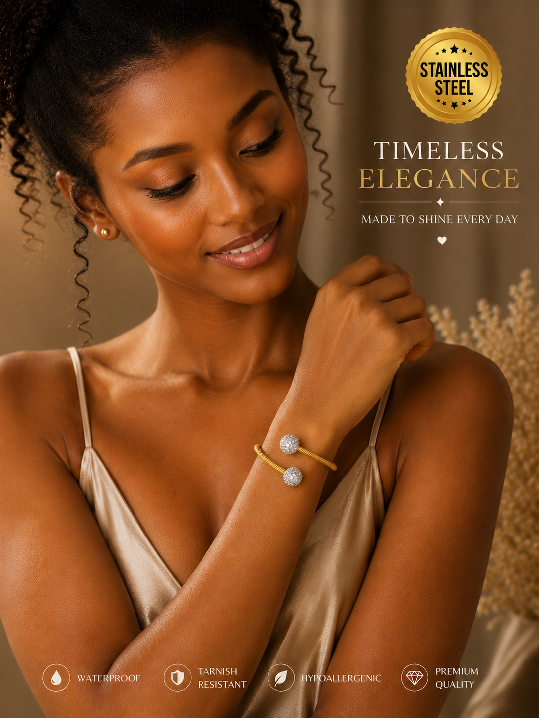 Timeless Elegance Cable Bangle – Gold Stainless Steel with Crystal Balls