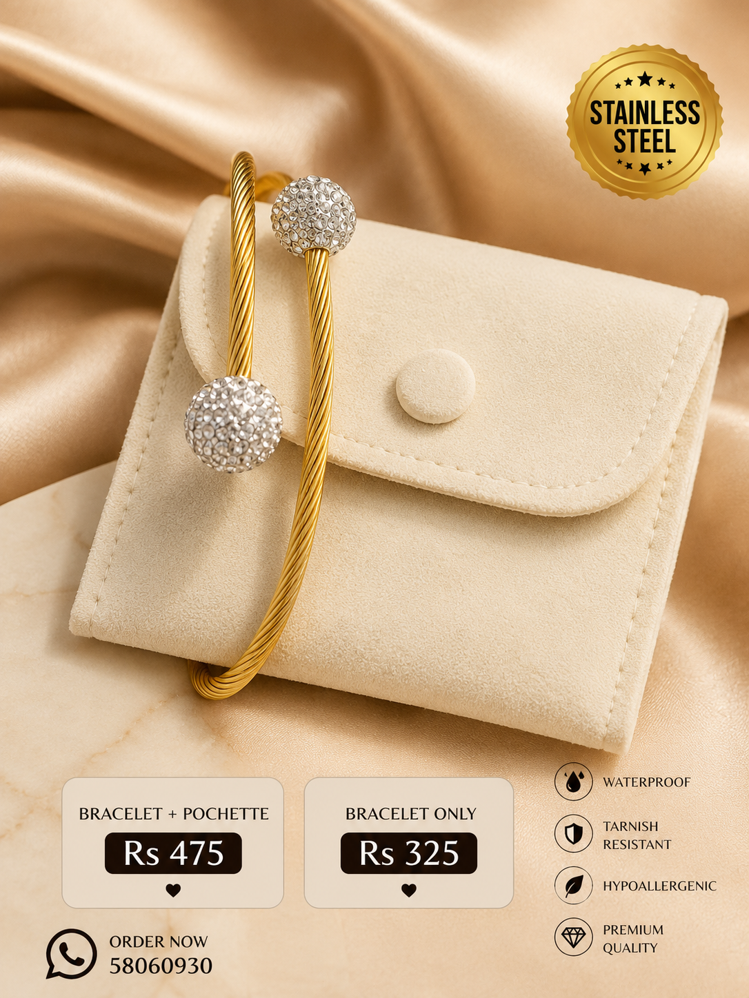 Timeless Elegance Cable Bangle – Gold Stainless Steel with Crystal Balls