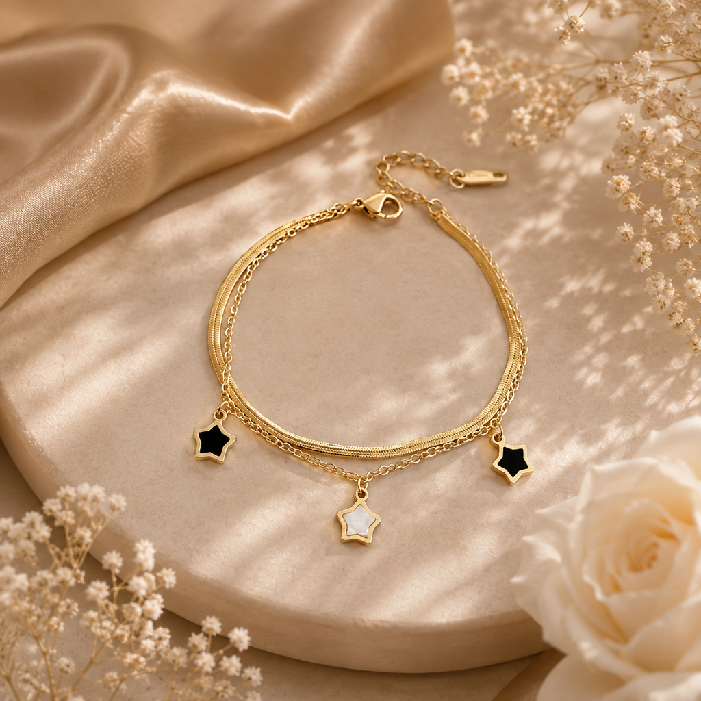 Star Charm Bracelet – Double Chain Star Bracelet in Gold Stainless Steel