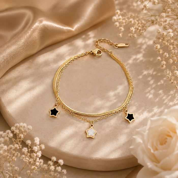 Star Charm Bracelet – Double Chain Star Bracelet in Gold Stainless Steel