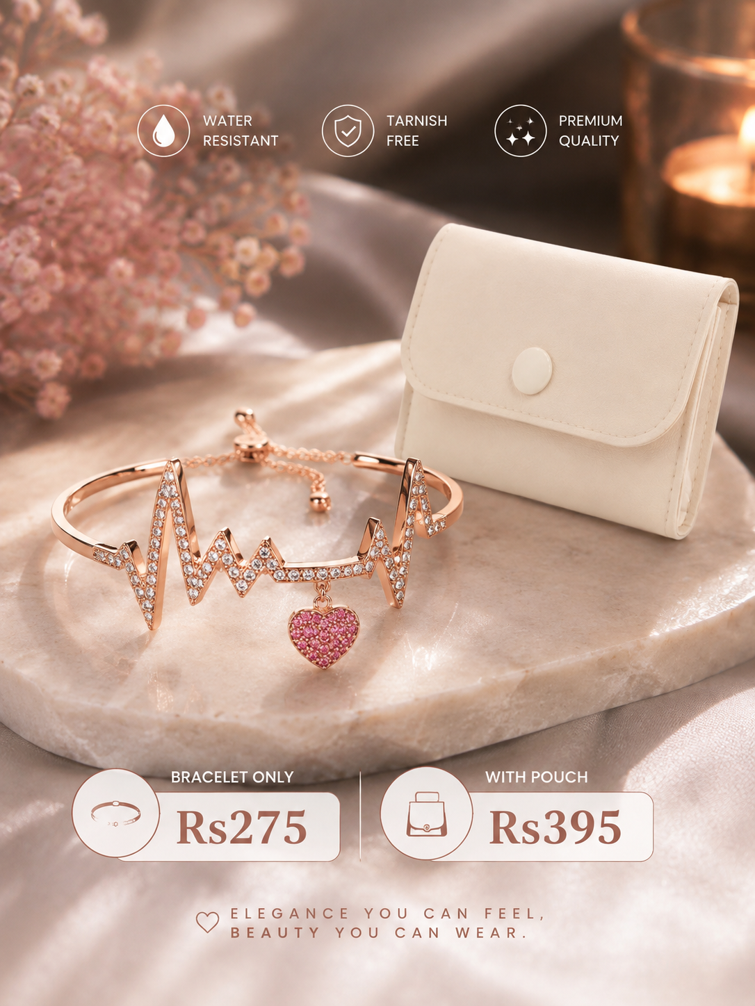 Heartbeat Bracelet – Rose Gold Crystal Heartbeat Bracelet with Heart Charm