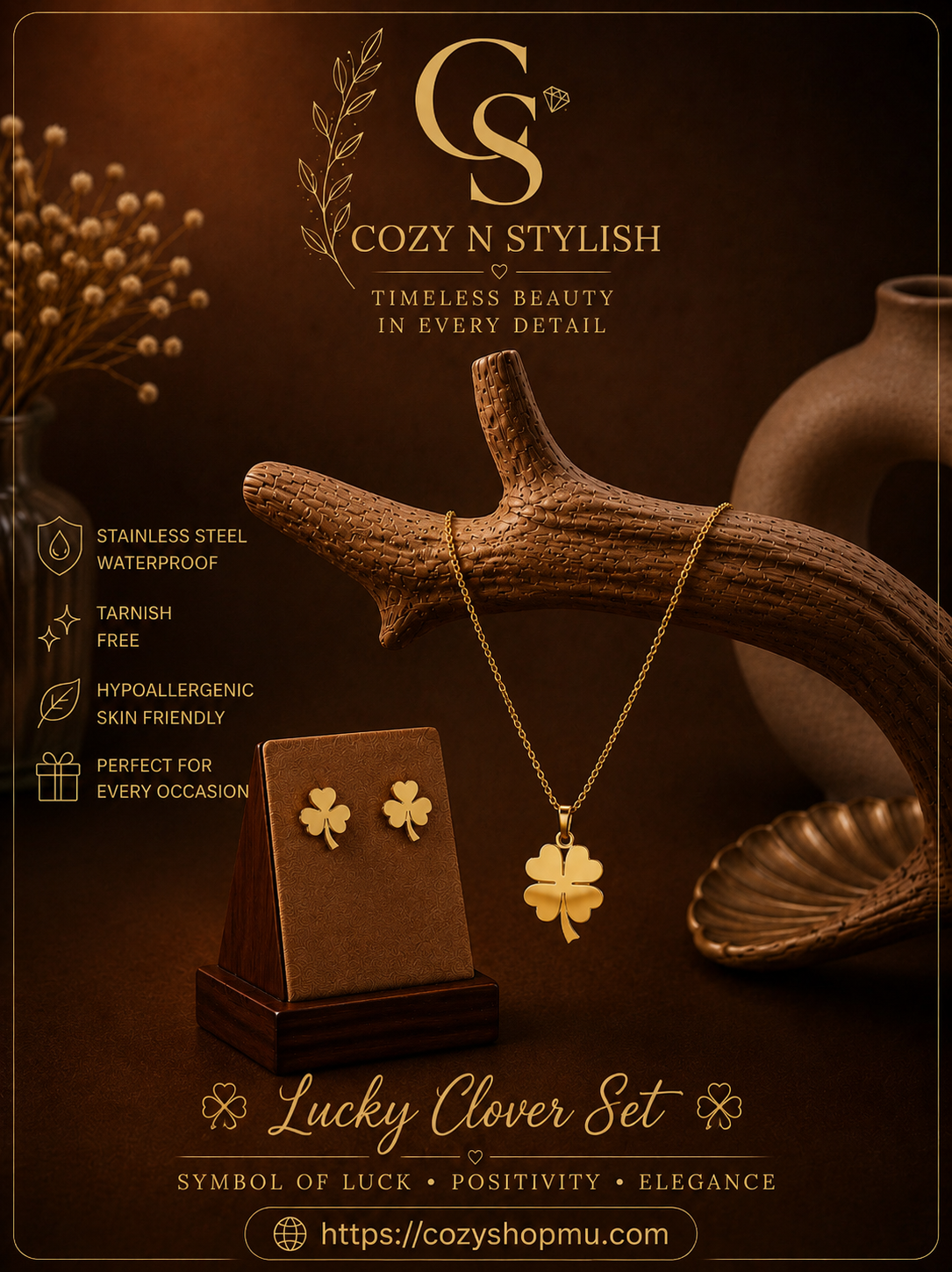 Lucky Clover Set – Gold Stainless Steel Necklace & Earrings