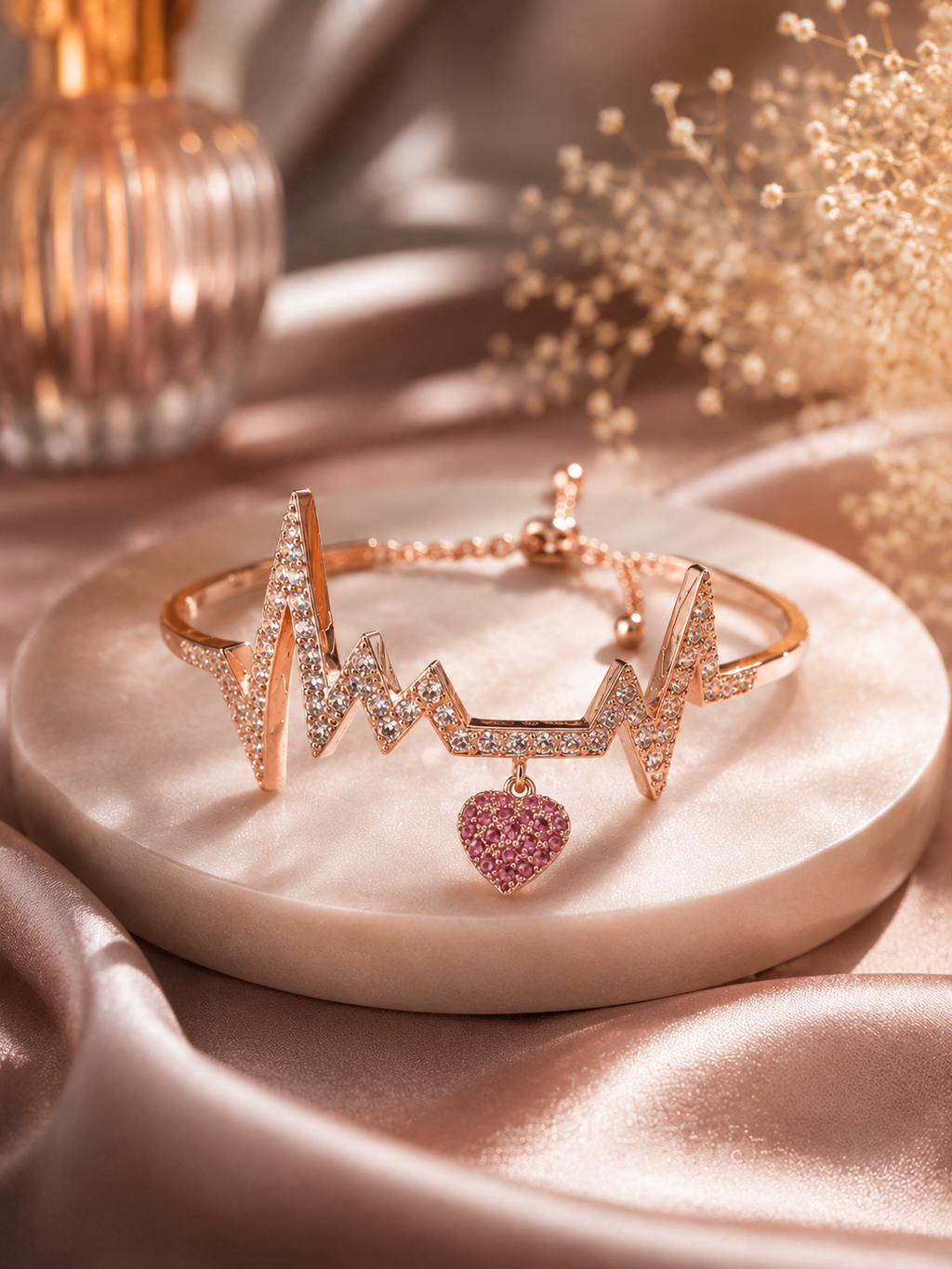 Heartbeat Bracelet – Rose Gold Crystal Heartbeat Bracelet with Heart Charm
