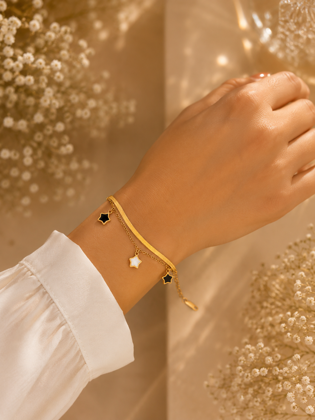 Star Charm Bracelet – Double Chain Star Bracelet in Gold Stainless Steel