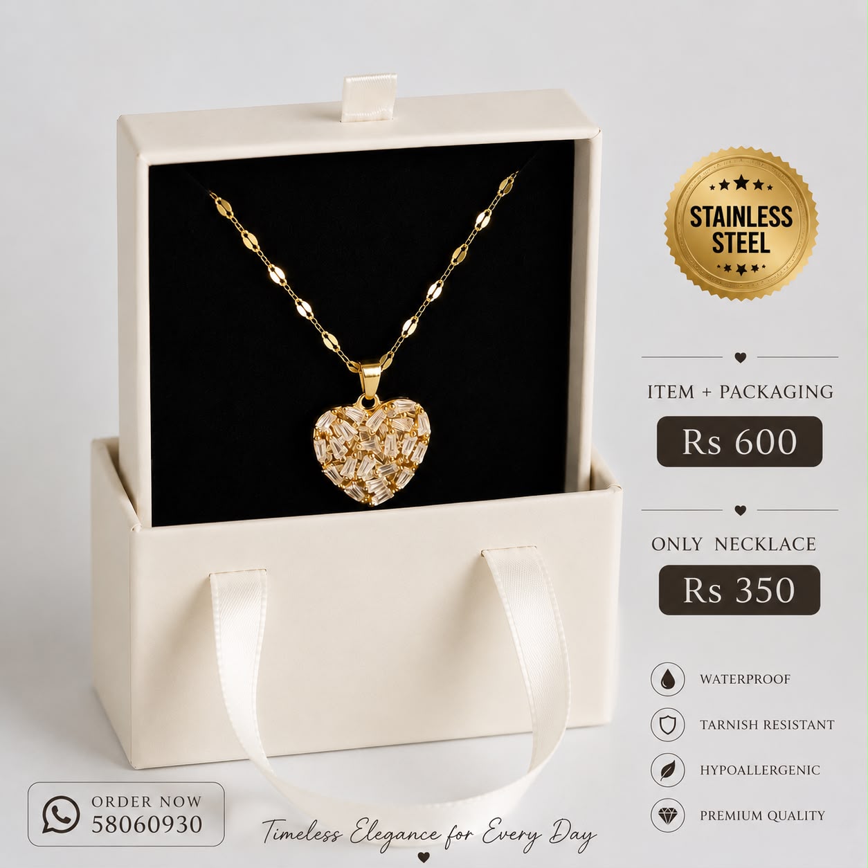 Heart Crystal Necklace - Gold Stainless Steel