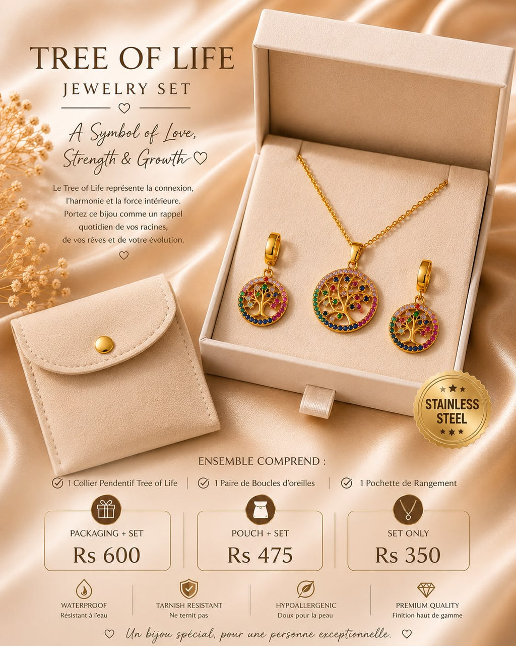 Tree Of Life Necklace Set - Stainless Steel